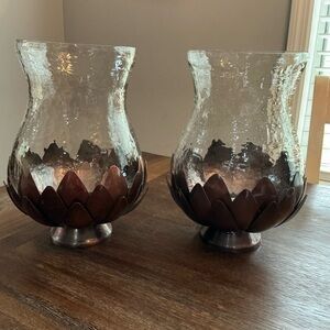 Pier 1 Imports Bronze Metal Petal Hurricane Candle Holders Set of 2 Glass Vase